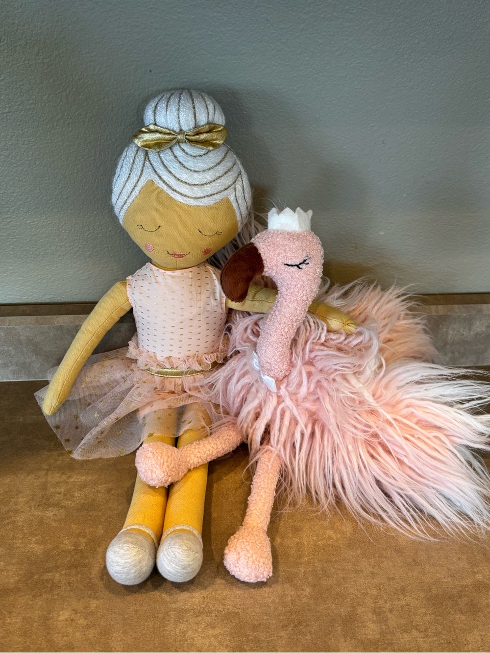 Pink Knit/ Embroidered Ballerina Doll & Princess Flamingo Toy Stuffy Plush Set